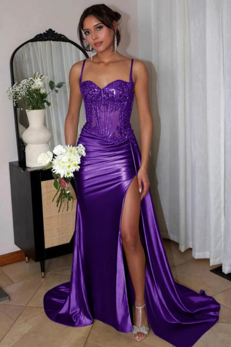 Sweetheart Ruched Satin Beadings Mermaid Prom Dress with Side Slit - Prom Dresses