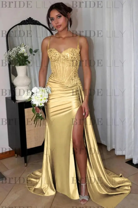 Sweetheart Ruched Satin Beadings Mermaid Prom Dress with Side Slit - Prom Dresses