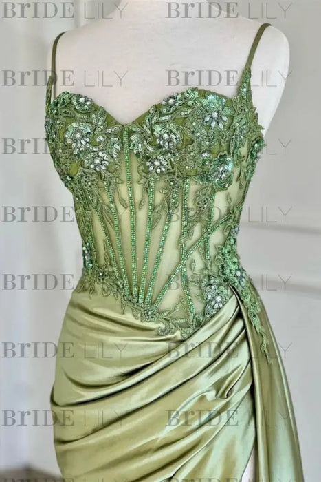 Sweetheart Ruched Satin Beadings Mermaid Prom Dress with Side Slit - Prom Dresses
