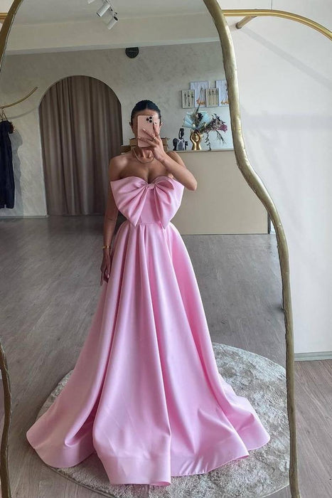 Sweetheart Satin Aline Evening Dress Pink with Bowknot