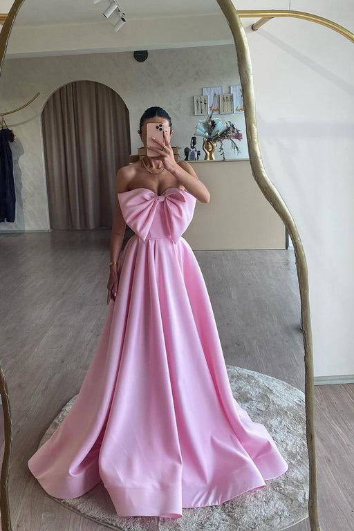 Sweetheart Satin Aline Evening Dress Pink with Bowknot