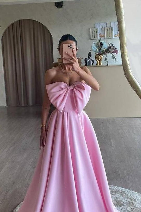 Sweetheart Satin Aline Evening Dress Pink with Bowknot