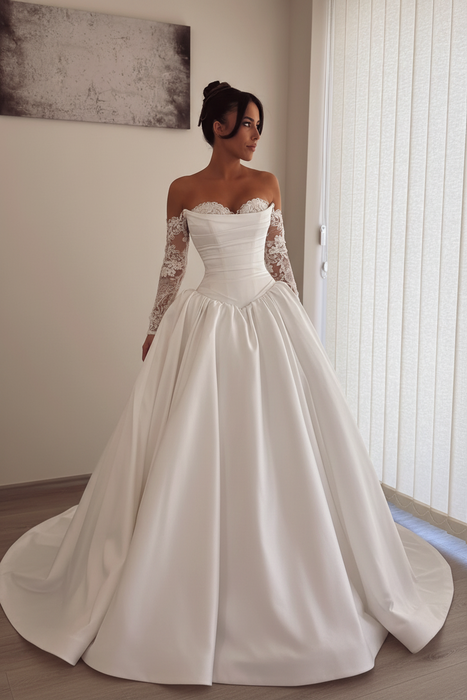 Gorgeous Sweetheart Aline Wedding Dress Satin with Detachable Lace Sleeves