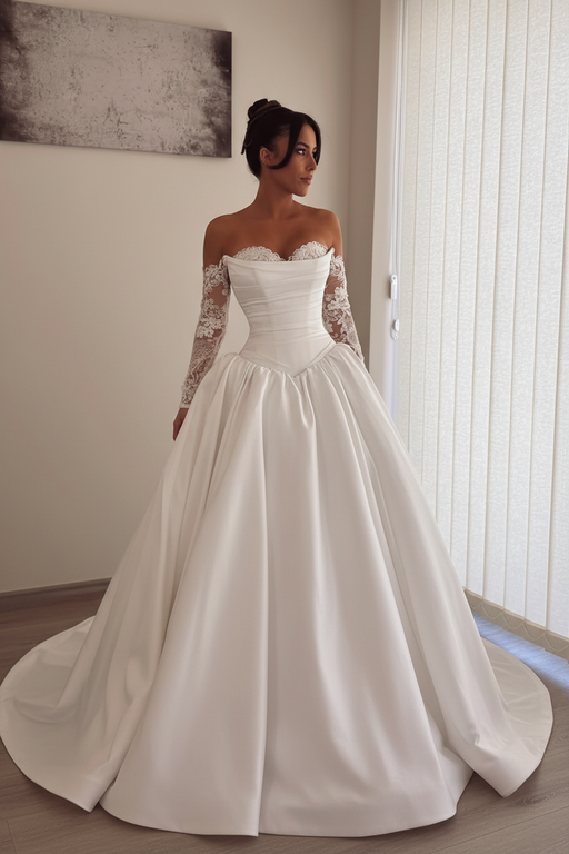 Gorgeous Sweetheart Aline Wedding Dress Satin with Detachable Lace Sleeves