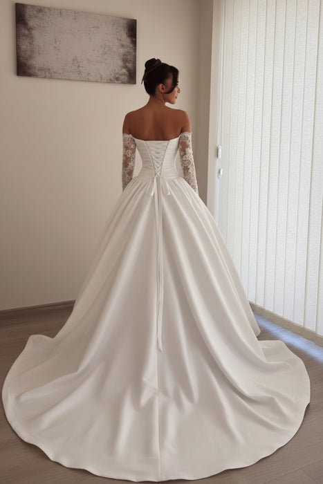 Gorgeous Sweetheart Aline Wedding Dress Satin with Detachable Lace Sleeves