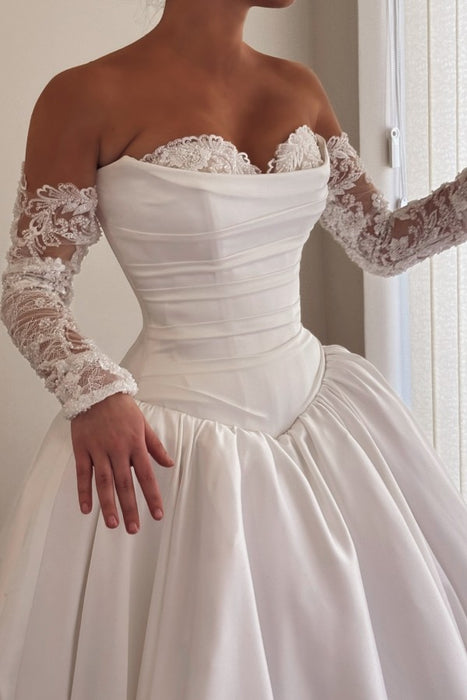 Gorgeous Sweetheart Aline Wedding Dress Satin with Detachable Lace Sleeves