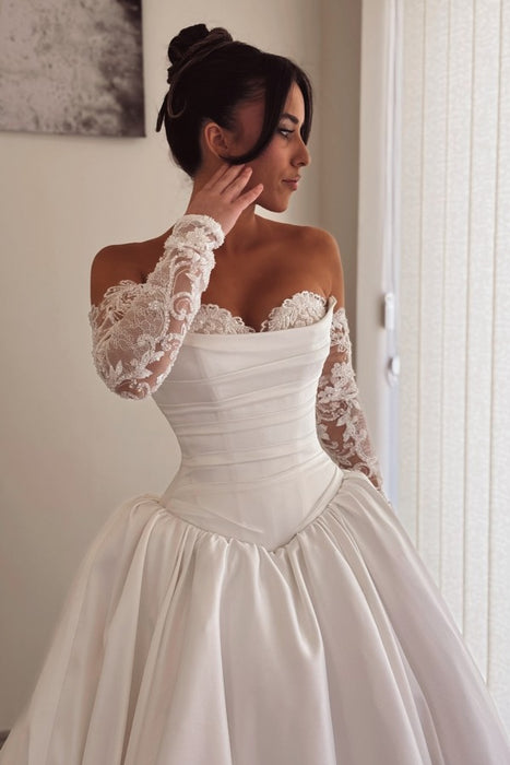 Gorgeous Sweetheart Aline Wedding Dress Satin with Detachable Lace Sleeves