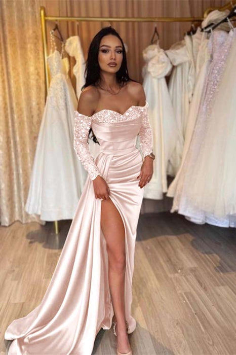 Sweetheart Satin Black Prom Dress Short Sleeves with Side Slit - Prom Dresses