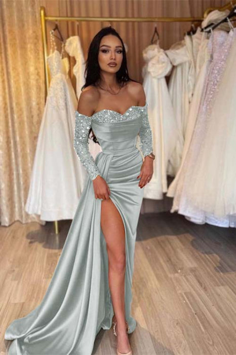 Sweetheart Satin Black Prom Dress Short Sleeves with Side Slit - Prom Dresses
