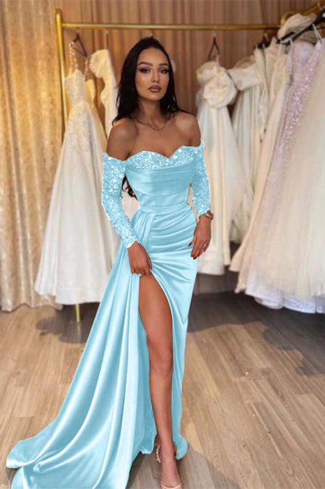 Sweetheart Satin Black Prom Dress Short Sleeves with Side Slit - Prom Dresses