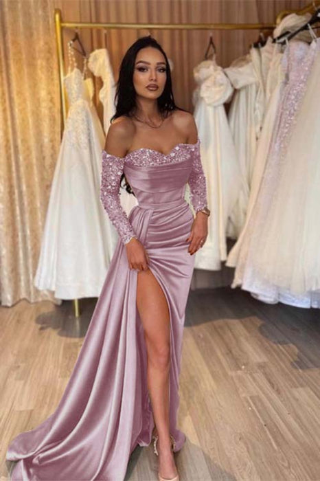 Sweetheart Satin Black Prom Dress Short Sleeves with Side Slit - Prom Dresses