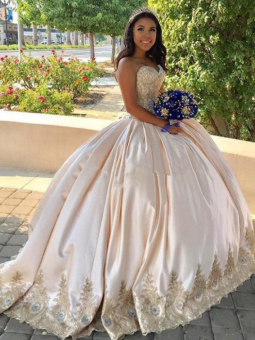 Ball Gown Beading Sweetheart Sweep/Brush Train Satin Sleeveless Dresses - Prom Dresses