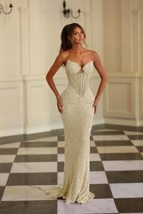 Champagne Strapless Mermaid Prom Dress Sequins Evening Dress Long