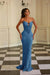 Ocean Blue Sexy Strapless Mermaid Prom Dress Sequins Evening Dress Long