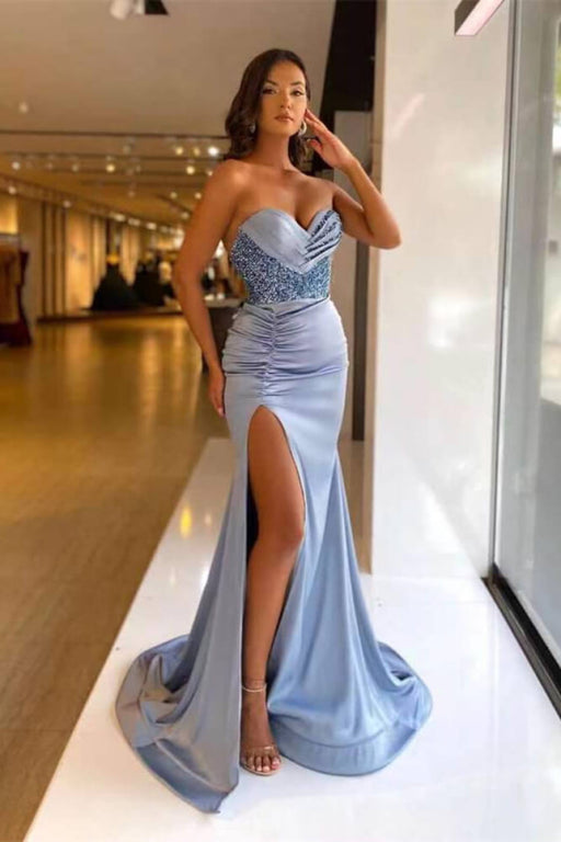 Sweetheart Sequins Mermaid Prom Dress With Split in Light Blue