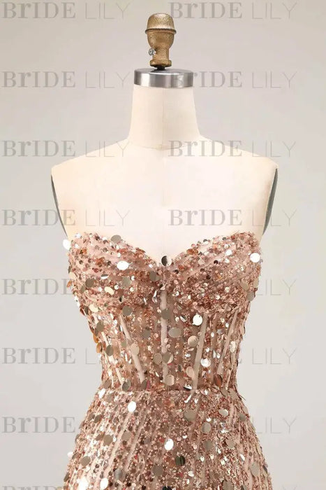 Sweetheart Sequins Prom Dress Long with Side Split Strapless Mermaid Party Dress