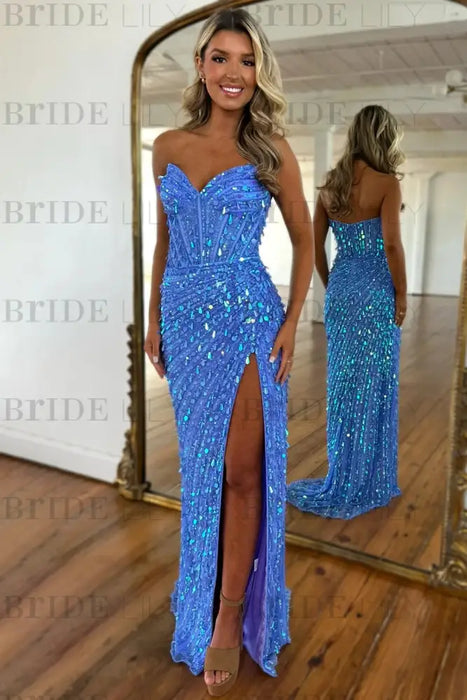Sweetheart Sequins Prom Dress Long with Side Split Strapless Mermaid Party Dress