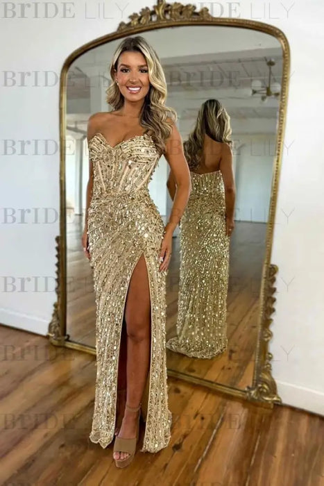 Sweetheart Sequins Prom Dress Long with Side Split Strapless Mermaid Party Dress