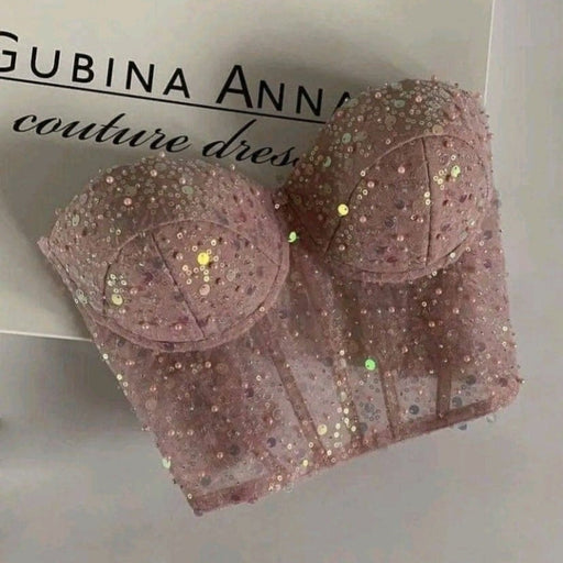 Sweetheart Sesquined Pink Corset Top Lace-up Closure Boning Corset Blouse - Photo Color - Dress