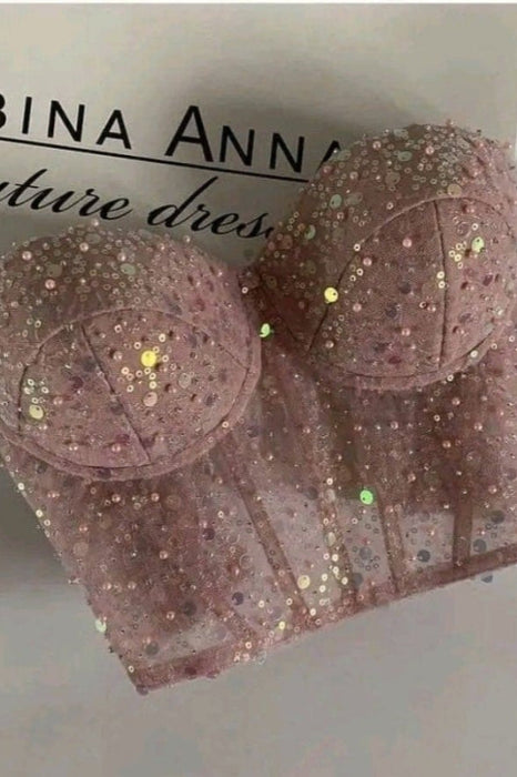 Sweetheart Sesquined Pink Corset Top Lace-up Closure Boning Corset Blouse - Photo Color - Dress