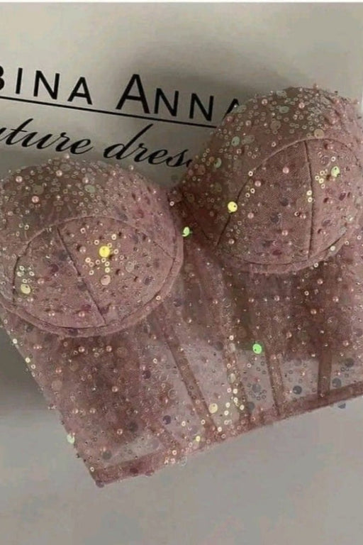 Sweetheart Sesquined Pink Corset Top Lace-up Closure Boning Corset Blouse - Photo Color - Dress