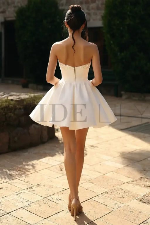 short satin wedding dress Short Satin Aline Wedding Dresses Stapless Online- Bridelily
