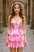 Sweetheart Short Homecoming Dress Printed Tiered Prom Dress with Beadings - Pink