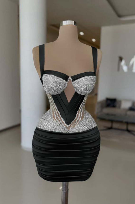 Black Sexy Satin Tight Homecoming Dress Sleeveless Beadings Short Prom Dress