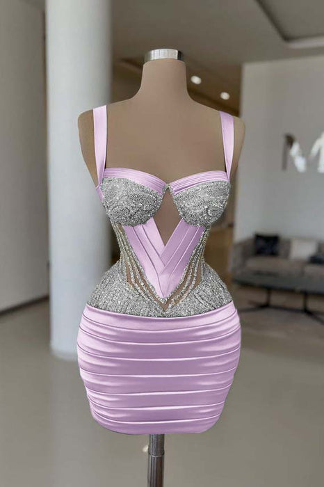 Blushing Pink Sexy Satin Tight Homecoming Dress Sleeveless Beadings Short Prom Dress