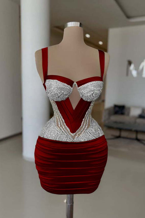 Burgundy Sexy Satin Tight Homecoming Dress Sleeveless Beadings Short Prom Dress