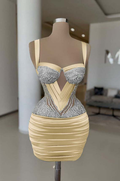 Daffodil Sexy Satin Tight Homecoming Dress Sleeveless Beadings Short Prom Dress
