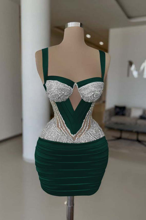 Dark Green Sexy Satin Tight Homecoming Dress Sleeveless Beadings Short Prom Dress