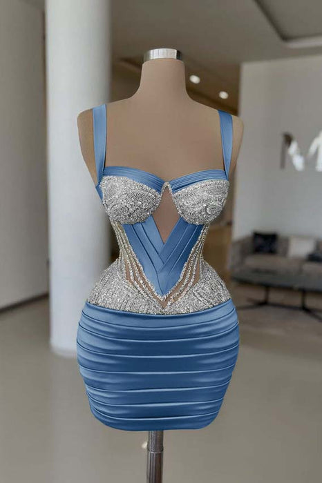 Dusty Blue Sexy Satin Tight Homecoming Dress Sleeveless Beadings Short Prom Dress