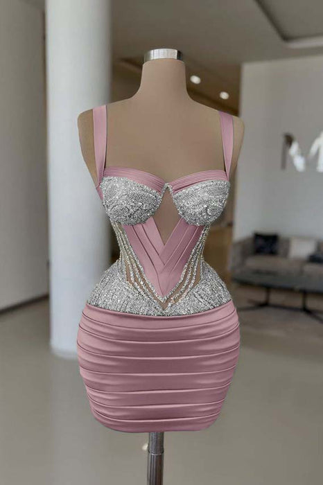Dusty Pink Sexy Satin Tight Homecoming Dress Sleeveless Beadings Short Prom Dress