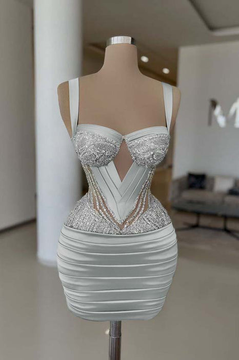 Gray Sexy Satin Tight Homecoming Dress Sleeveless Beadings Short Prom Dress