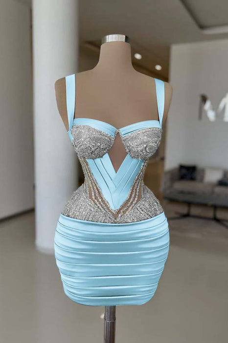 Sky Blue Sexy Satin Tight Homecoming Dress Sleeveless Beadings Short Prom Dress