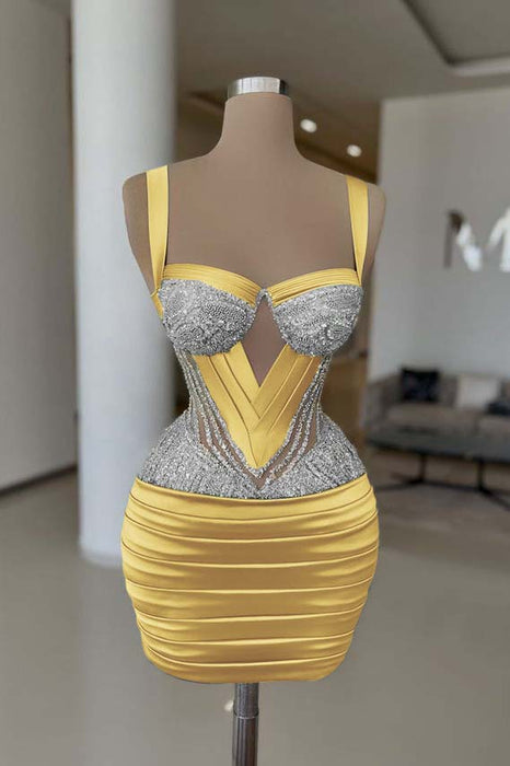Yellow Sexy Satin Tight Homecoming Dress Sleeveless Beadings Short Prom Dress