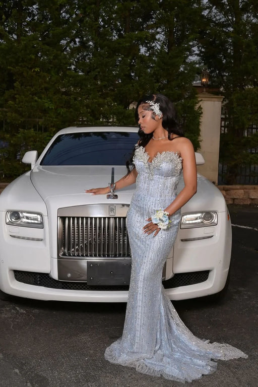 Sweetheart Silver Mermaid Prom Dress Long with Beads