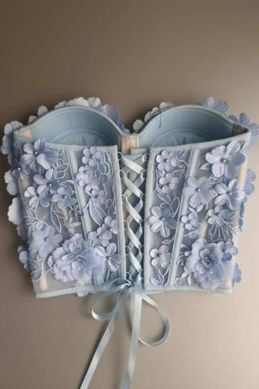 Sweetheart Sky Blue Flowers Corset Top Lace-up Closure Boning Corset Blouse - Photo Color - Dress