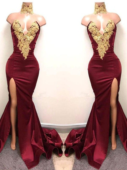 Trumpet/Mermaid Sweetheart Sleeveless Sweep/Brush Train Applique Satin Dresses - Prom Dresses