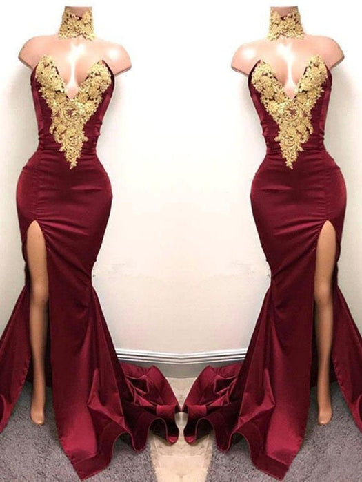 Trumpet/Mermaid Sweetheart Sleeveless Sweep/Brush Train Applique Satin Dresses - Prom Dresses