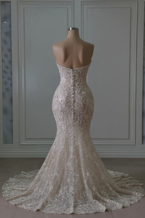 Sweetheart Sleeveless Beaded Lace Mermaid Wedding Dress-Bridelily Sweetheart Sleeveless Beaded Lace Mermaid Wedding Dress-Bridelily