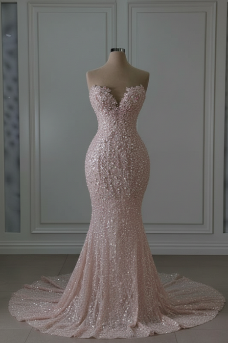 Blush Pink sweetheart glitter beaded mermaid wedding dress