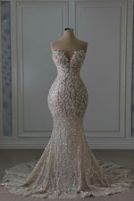 Sweetheart Pearls Beading Sleeveless Mermaid Wedding Dress with Sweep Train
