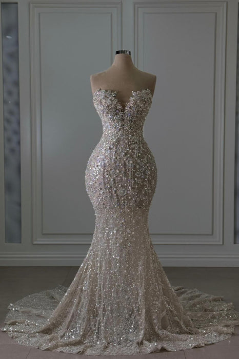 Sweetheart Sleeveless Beaded Lace Mermaid Wedding Dress-Bridelily Sweetheart Sleeveless Beaded Lace Mermaid Wedding Dress-Bridelily