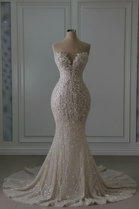 Champagne Ivory sweetheart glitter beaded mermaid wedding dress