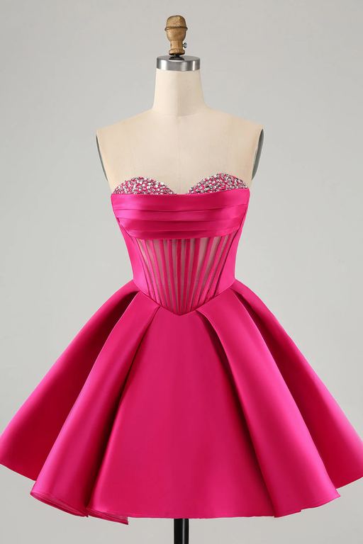 Sweetheart Satin Aline Homecoming Dress Short with Sequins Fuchsia