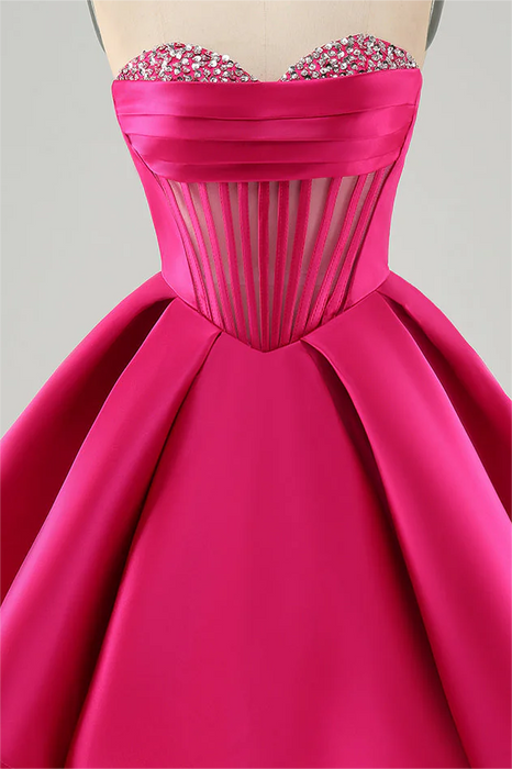 Sweetheart Satin Aline Homecoming Dress Short with Sequins Fuchsia