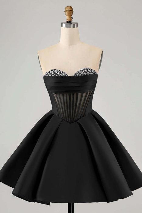 Sweetheart Satin Aline Homecoming Dress Short with Sequins Black