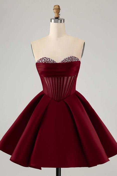 Sweetheart Satin Aline Homecoming Dress Short with Sequins Burgundy